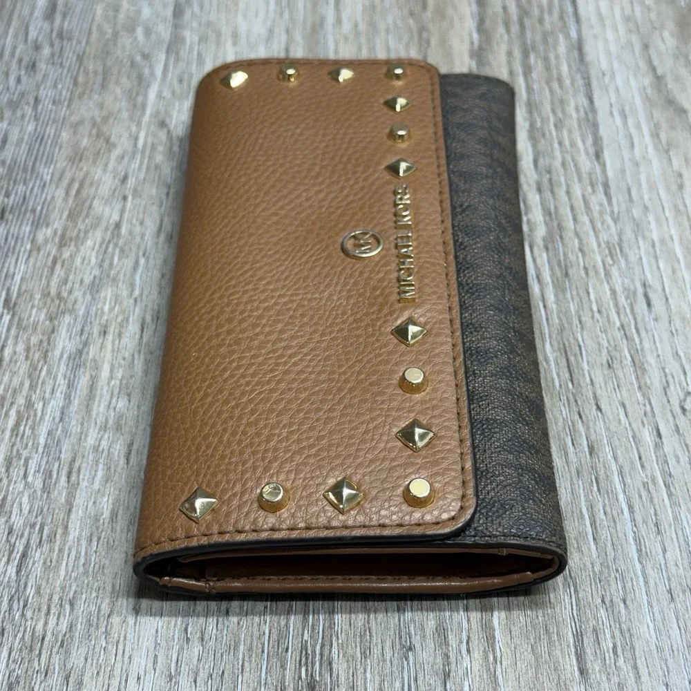 Michael Kors Karla Large Trifold Wallet Tan Studded Faux Leather Logo